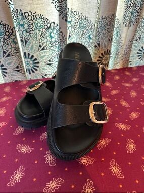 MIA Black Double Buckle Slide Sandals with Gold Buckles